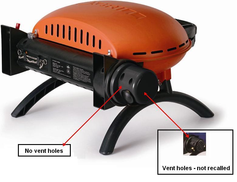 Picture of recalled portable gas O-Grill 1000 with no vent holes (also vent holes - not recalled - shown)