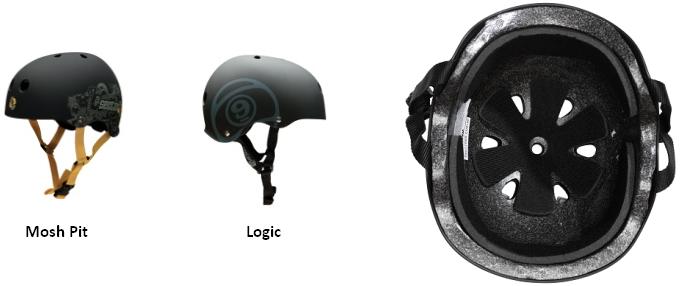 Side and Bottom Pictures of Mosh Pit and Logic Sector 9 S/M EPS Liner Helmets