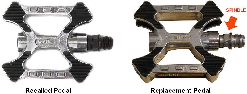 Picture of recalled pedal and replacement pedal showing spindle difference