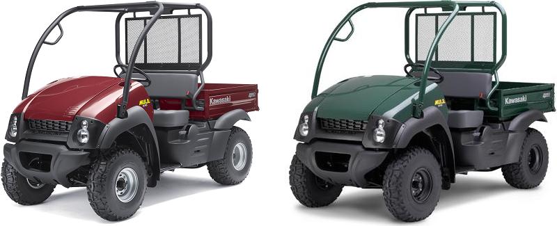 Picture of recalled MULE 610 4x4 (KAF400ACF) red and green utility vehicles