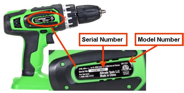 Kawasaki cordless drill with serial number and model number