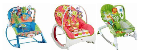 Fisher-Price Infant-to-Toddler Rocker (left and center), Fisher-Price Newborn-to-Toddler Rocker (right).