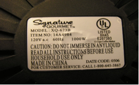 Picture of Label from Recalled Coffeemaker