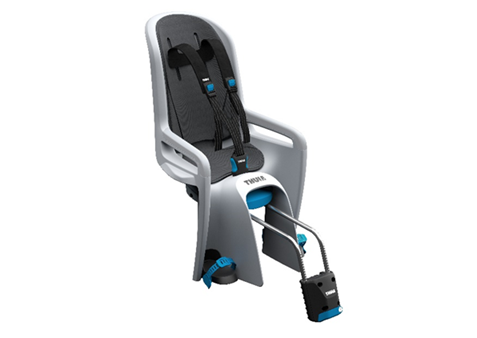 Close up of the recalled Thule RideAlong rear-mounted Child Bike Seat, gray seat with black harness pads