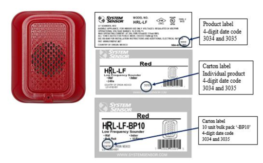 Recalled System Sensor L-Series Low Frequency Fire Alarm Sounders Model #s HWL-LF and HWL-LF-BP10 (Red) showing product label and carton label