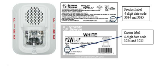 Recalled System Sensor L-Series Low Frequency Fire Alarm Sounder Strobe Model P2WL-LF (White) showing product label and carton label