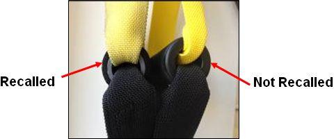Picture comparing handgrips on recalled and non recalled P1 and T1 TRX suspension trainer devices