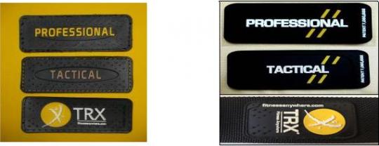 Picture of badges on recalled P1 and T1 TRX suspension trainer devices shwing either raised dots or double lines