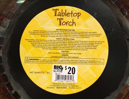 Label on bottom of Big Lots large tabletop torch