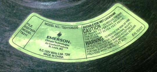 Emerson Air Comfort Tommy Bahama-brand Outdoor Ceiling Fan Identification Label