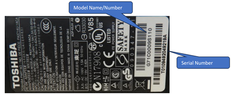 Recalled Toshiba AC Adapter with model name/number and serial number location