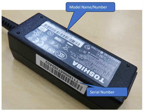Recalled Toshiba AC Adapter with model name/number and serial number location