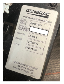 Recalled Generac Electric Start Pressure Washers label