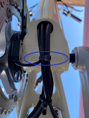 Recalled Linus electric bicycle serial number location on the frame’s underside