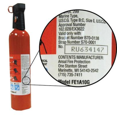Recalled First Alert fire extinguisher showing location of serial number 
