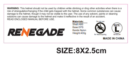 Recalled Hurtle multi-purpose children’s helmet interior warning label
