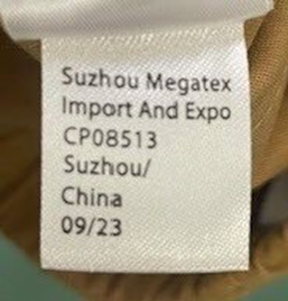 Label on Recalled Pants