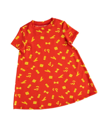 Recalled Lounge Dress (short sleeve) in Red Fabric with Assorted Yellow Pasta Shapes