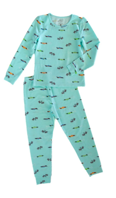 Recalled Two-Piece Pajamas in Light Blue Fabric with Race Cars and Checkered Flag Patterns