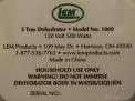 LEM dehydrator label 2 on the rear panel