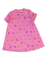 Recalled Lounge Dress (short sleeve) in Pink Fabric with Airplanes, Rainbows, Palm Trees, Heart-Shaped Sunglasses, and Suitcases