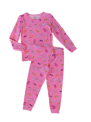 Recalled Two-Piece Pajamas in Pink Fabric with Airplanes, Rainbows, Palm Trees, Heart-Shaped Sunglasses, and Suitcases