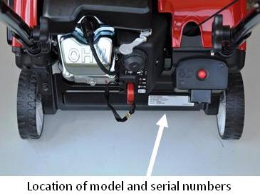 Picture of Recalled Snow Blower showing the location of model and serial numbers