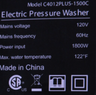 “Model: C4012PLUS-1500C” is printed on a label located on the back of the recalled BAYOTAK pressure washer.