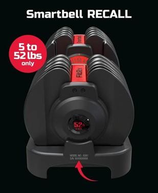Recalled FitRx SmartBell Quick-Select 5-52.5lbs Adjustable Dumbbell with location of model number and serial number