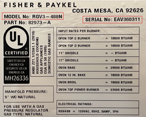 Recalled Model number and Serial Number on Rating Plate