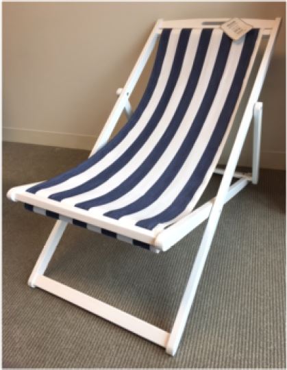 TJX Recalls Foldable Lounge Chairs Due to Risk of Injury; Sold at ... - T.J. Maxx and Marshalls foldable lounge chair with white and blue stripe  fabric