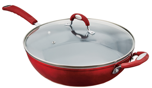 Recalled red Kitchen & Table 5.5 qt. Sauté Pan with glass lid.