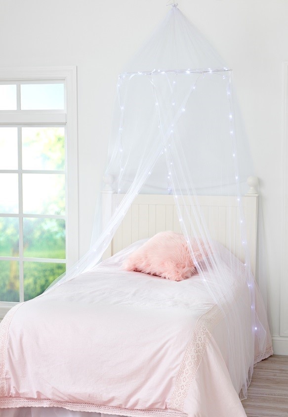 pink bed canopy with lights