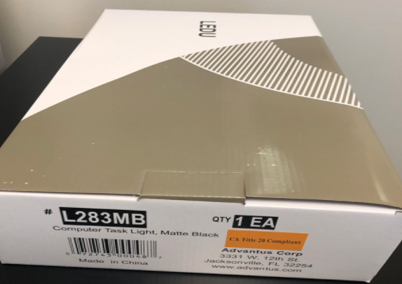Recalled lamp packaging with the model number and UPC code