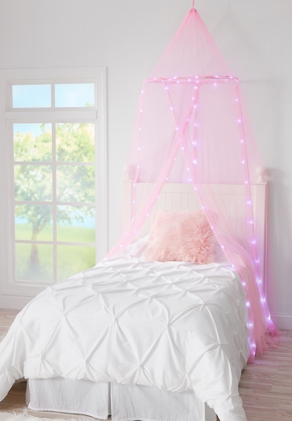 pink bed canopy with lights