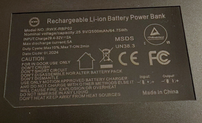 Rear View of Recalled The Blue Cactus Company Battery Pack