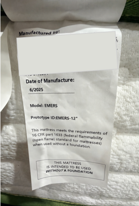 "Prototype ID: " and the manufacture date "6/2025" are printed on a sewn-in white label located on one side of the mattress