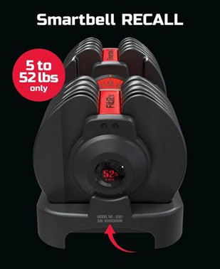Recalled FitRx SmartBell Quick-Select 5-52.5lbs Adjustable Dumbbell with location of model number and serial number