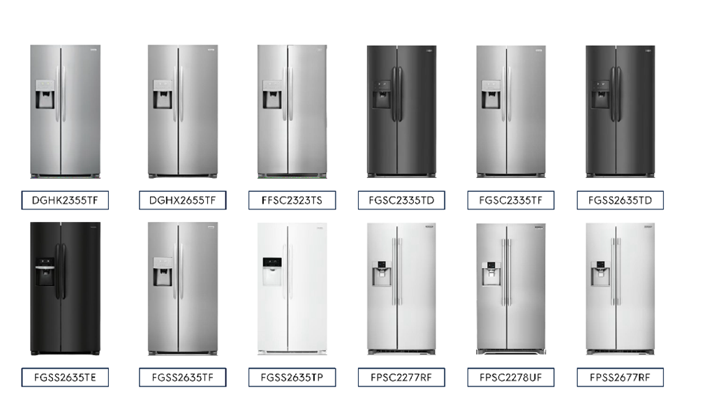 Refrigeradores de dos puertas verticales de la marca Frigidaire con cubetas delgadas para hielo, fabricados entre 2015 y 2019, retirados del mercado