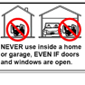 Illustration showing never to use a generator indoors, even in a garage with the door open