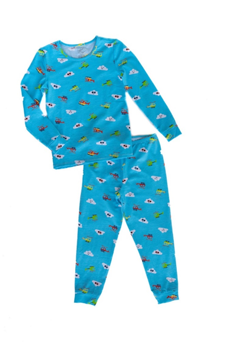 Recalled Two-Piece Pajamas in Light Blue Fabric with Helicopters and Clouds With Smiley Face
