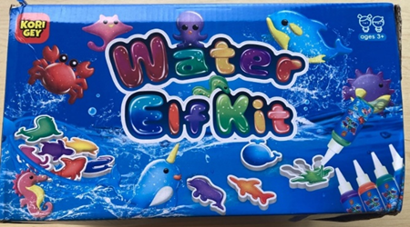 "Kori Gey" and "Water Elf Kit" are printed on the front of the outer packaging of the recalled toy kits