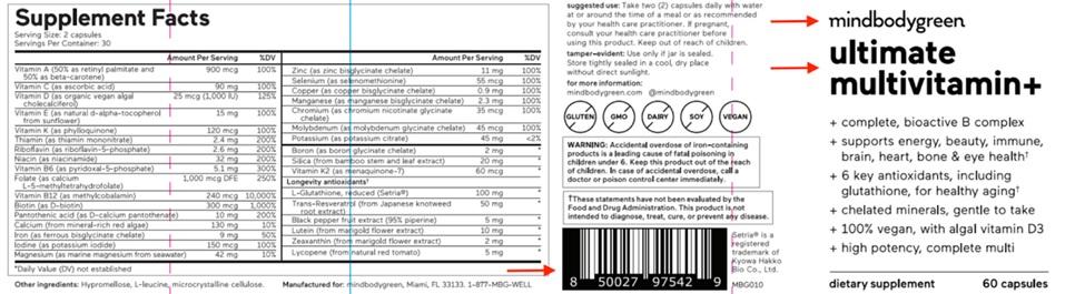 Label on Mindbodygreen Ultimate Multivitamin+ Dietary Supplement Bottles