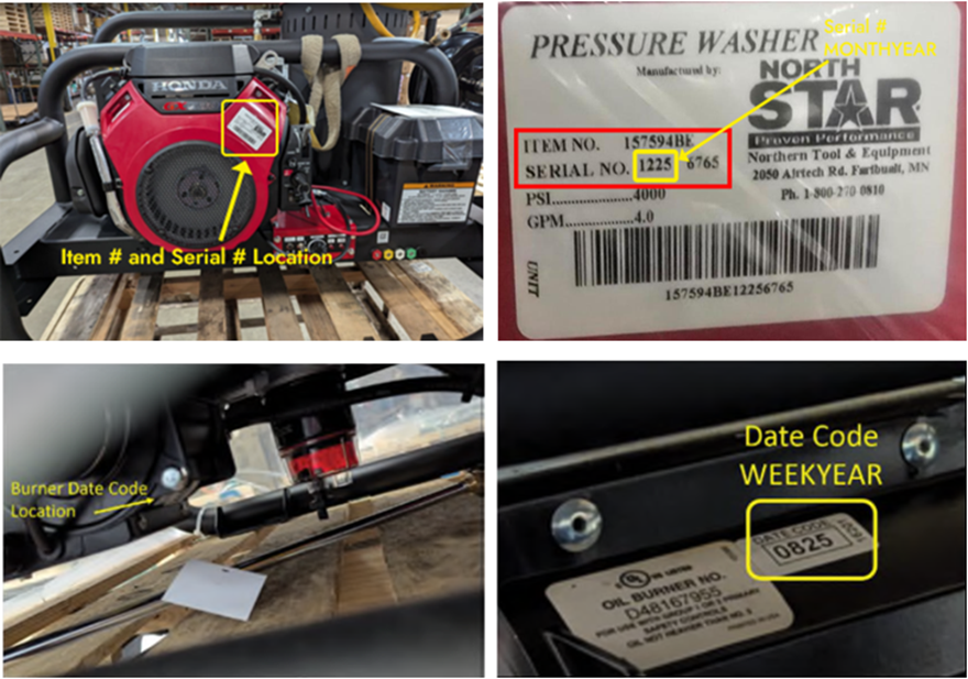 NorthStar Gas Hot Water Commercial Pressure Washer Skid (Item # 157594) - Serial number location on engine and burner date code location under ball valve assembly
