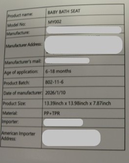 "Model No: MY002" and "Date of manufacturer: 2026/1/10" are printed on a label on the back of the recalled ONTHEWEI bath seat