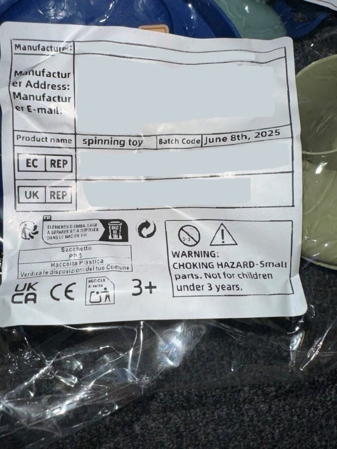 Package label identifying product name, batch code, and various warning statements