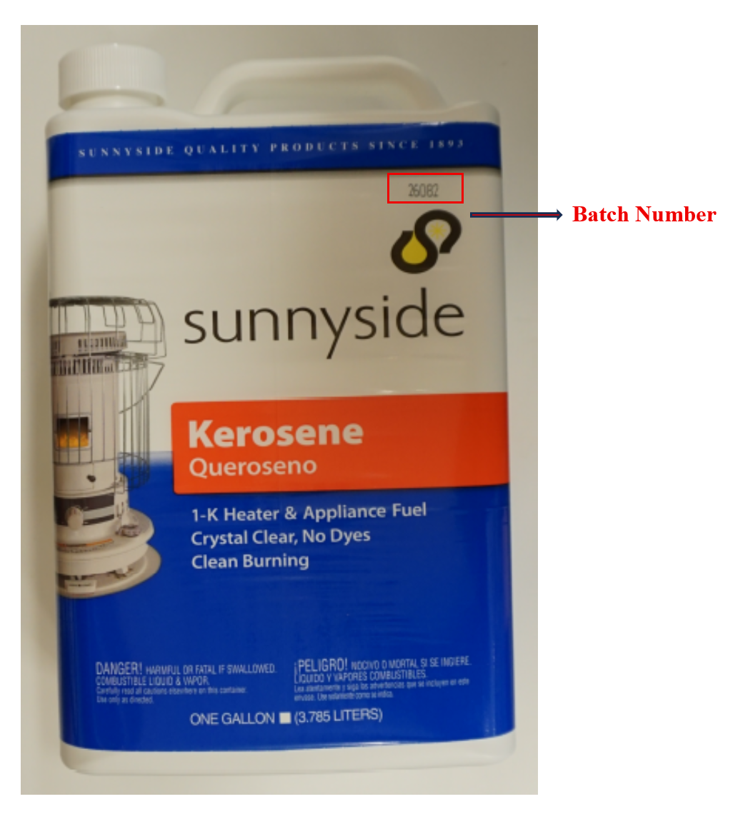 Recalled Sunnyside 1-K Kerosene Heater Fluid Portable Fuel Container (Front)
