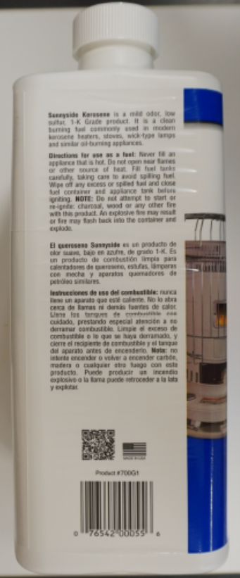 Recalled Sunnyside 1-K Kerosene Heater Fluid Portable Fuel Container (Side)