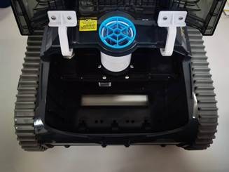 Recalled Wybot S1 (Front with top cover open—after the filter box has been taken out (to show consumers the location of the serial number label))