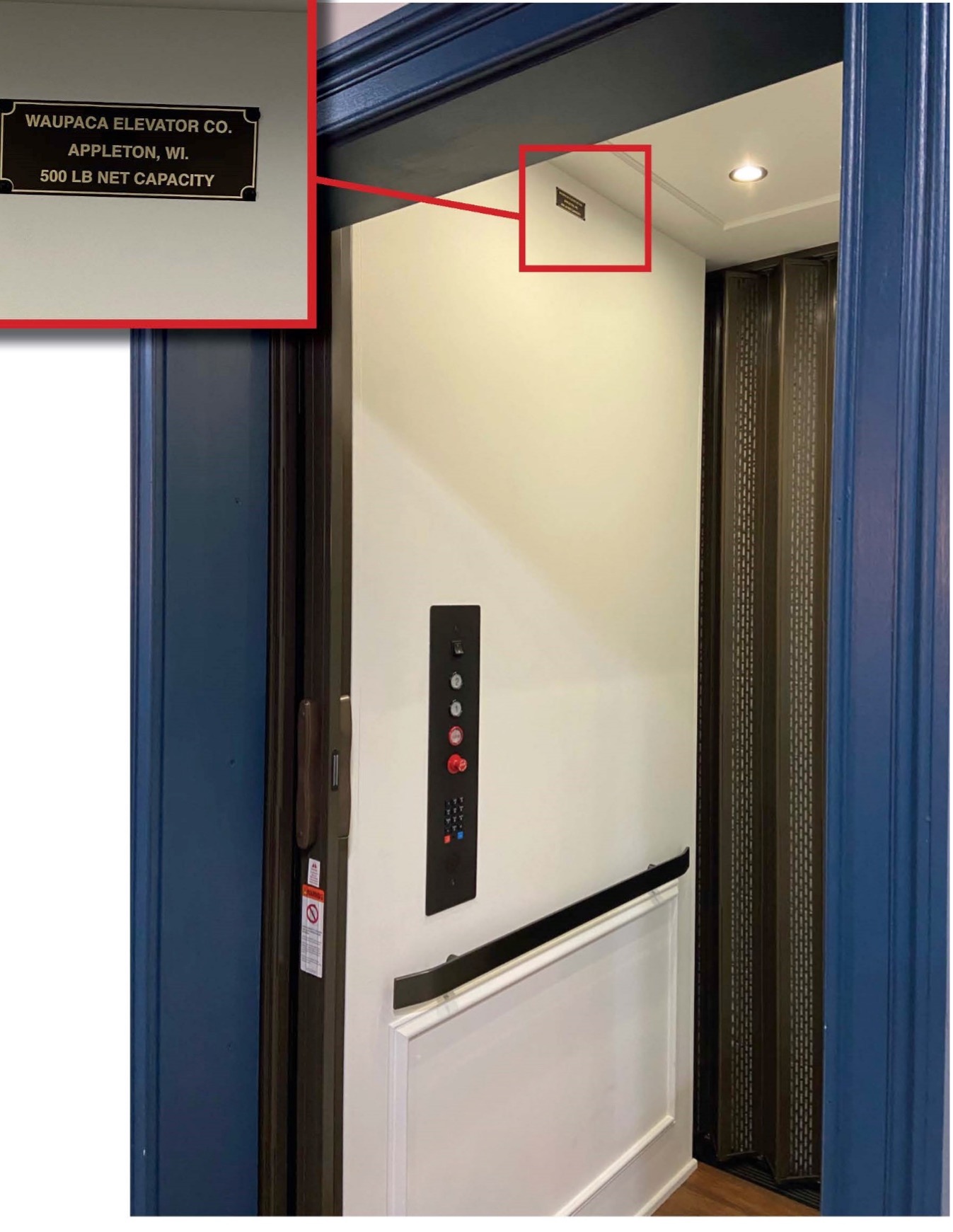 Recalled Waupaca residential elevator, Custom Lift model with label